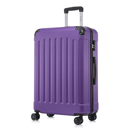YONSLY® Rollkoffer lila, schmale Seitenansicht mit Trolleygriff und 4 Rollen