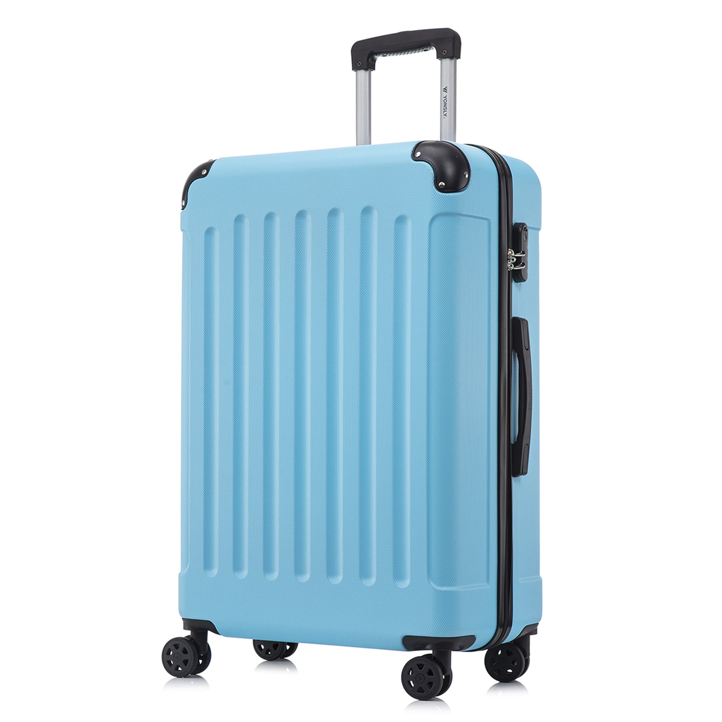 Hellblauer Handgepäck-Trolley mit ABS-Hartschale, 4 Rollen und seitlich angebrachtem Schloss