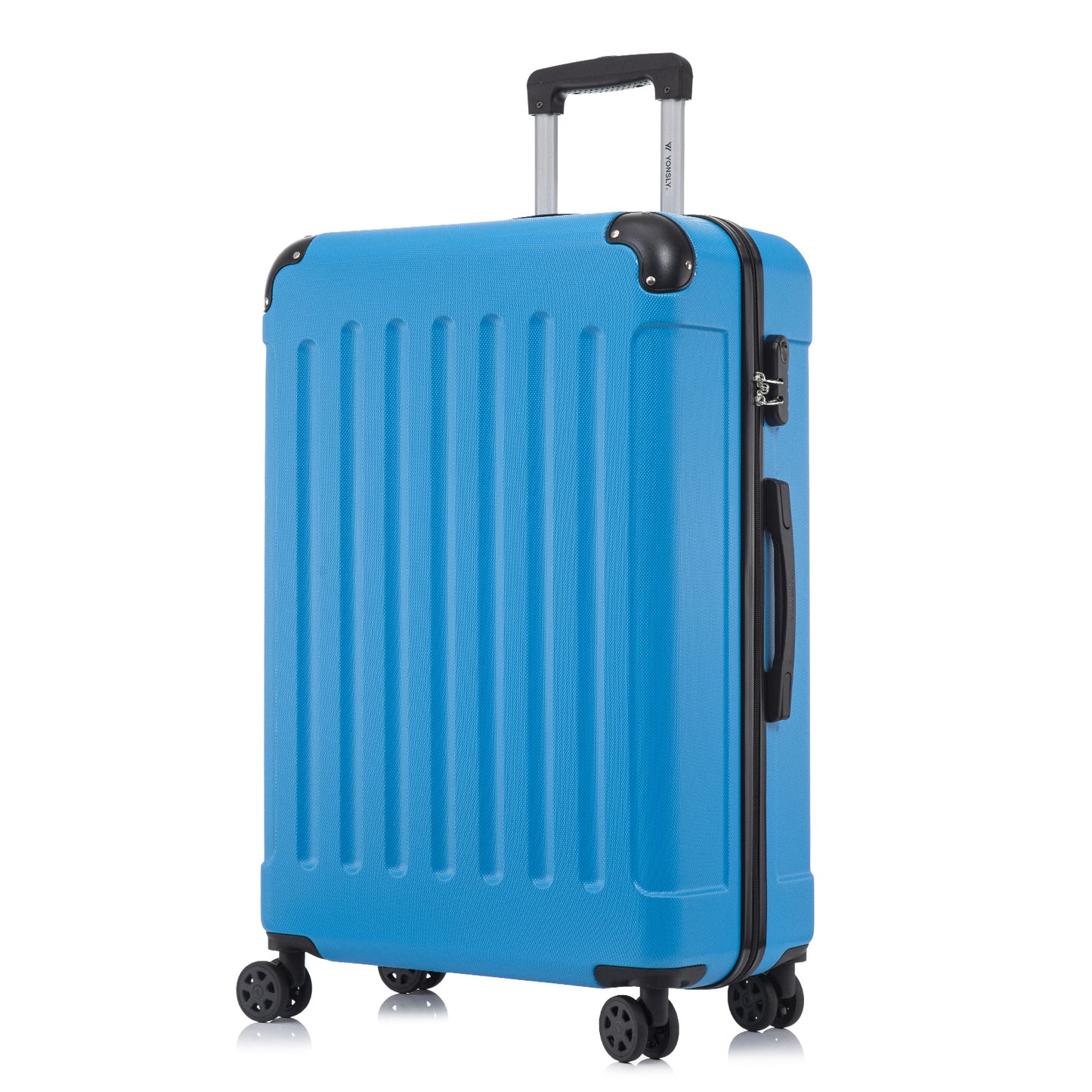 Hartschalenreisekoffer in Blau mit 4 Rollen und Trolleygriff, seitliches Profil