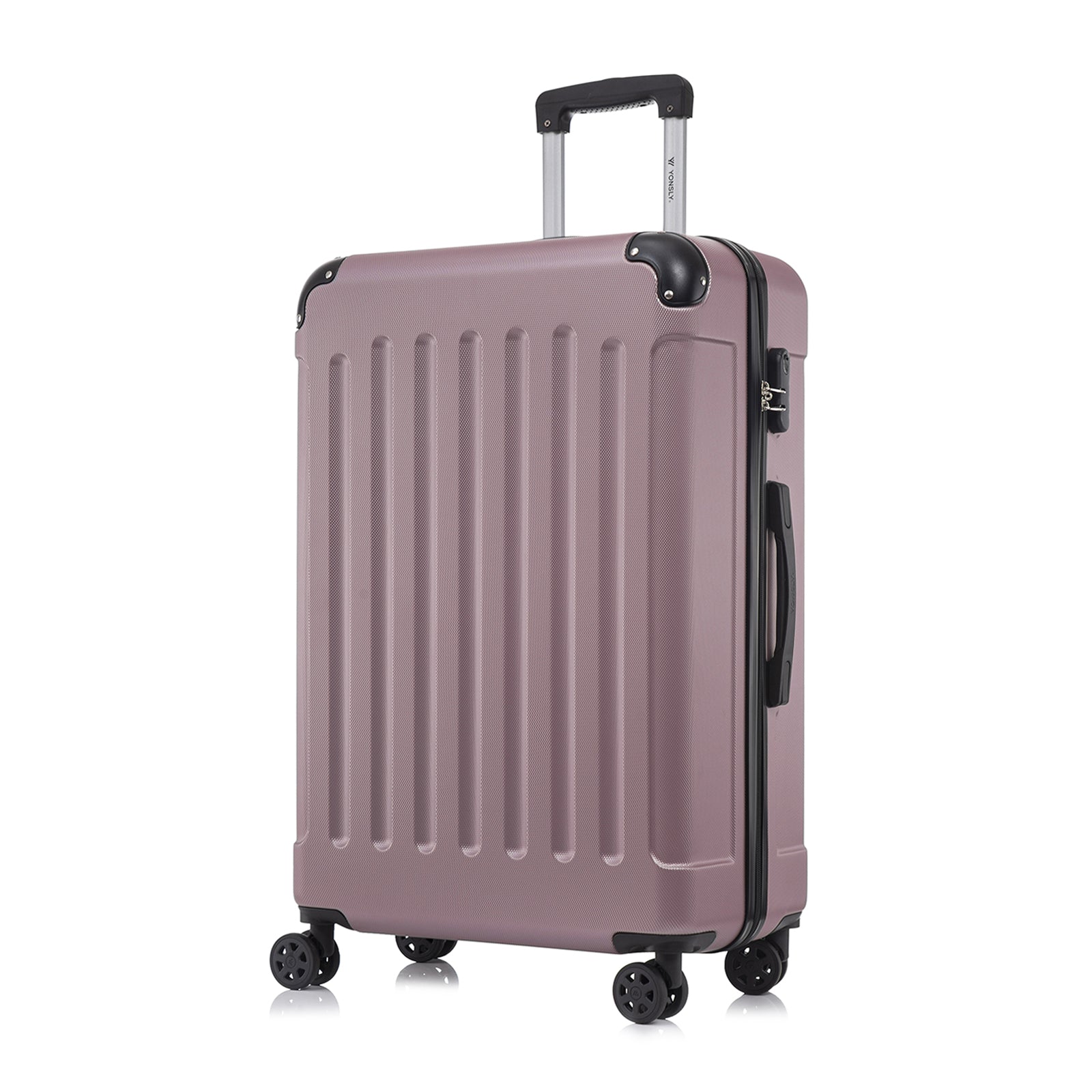 YONSLY® Rollkoffer mit 4 Rollen, rosafarbene ABS-Hartschale, Rückansicht mit Standfüßen
