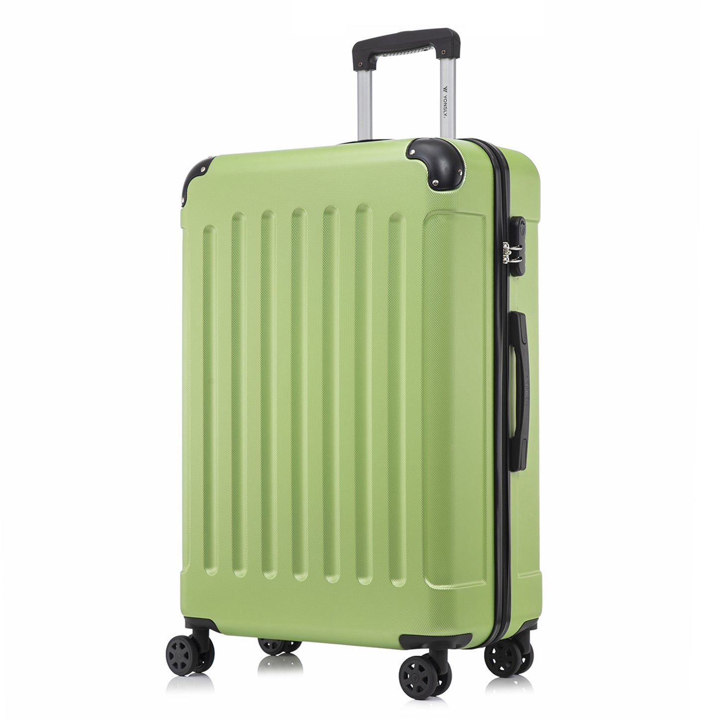 YONSLY® Rollkoffer mit 4 Rollen, grüne ABS-Hartschale und geöffnet wirkender Kantenlinie
