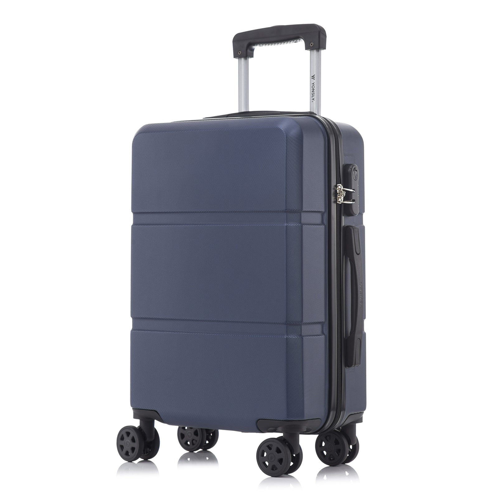Dunkelblauer Hartschalen-Trolley mit 4 Rollen, Griff und seitlichem Verschluss