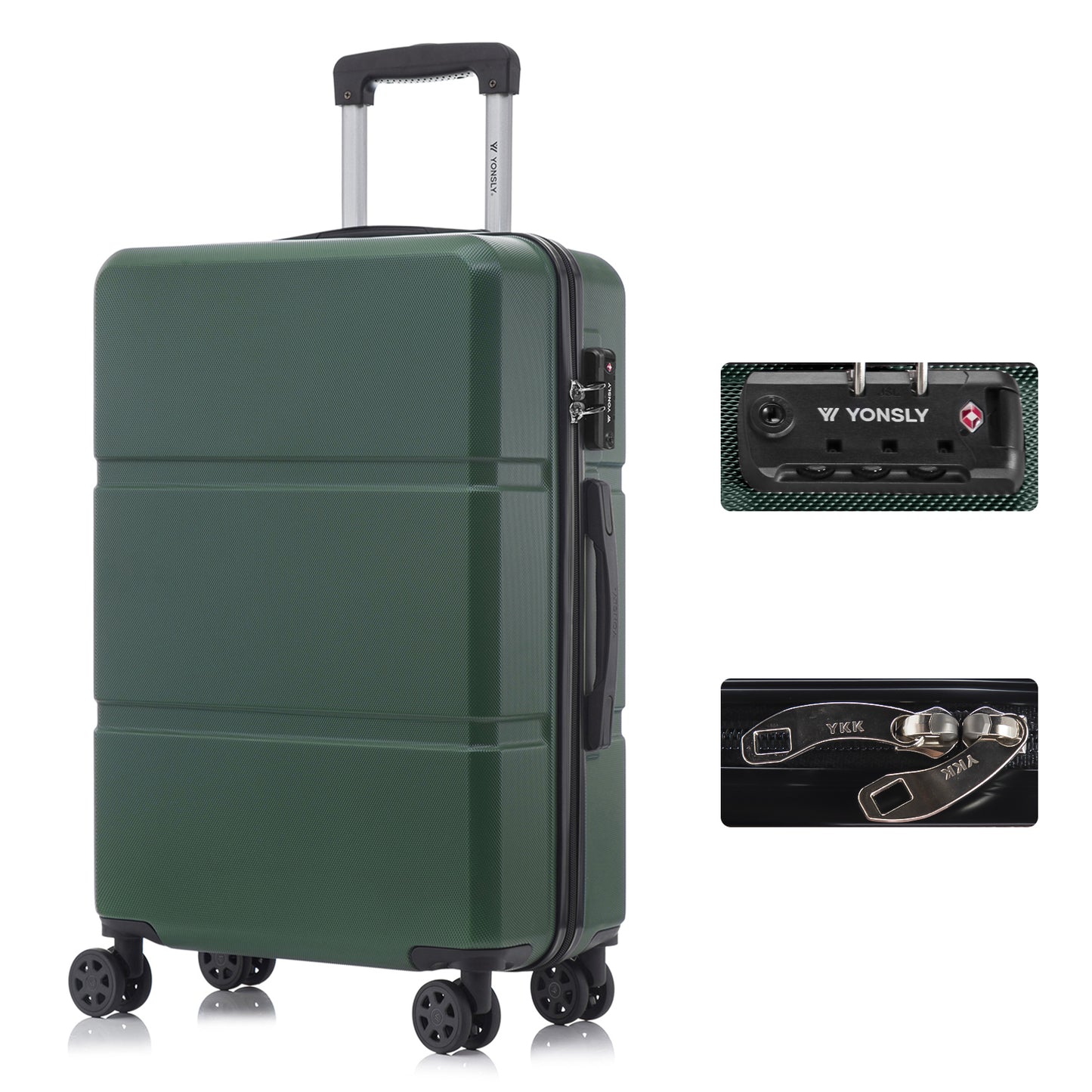 YONSLY® Hartschalen-Trolley seitlich, TSA-Schloss, 4 Rollen, dunkelgrün