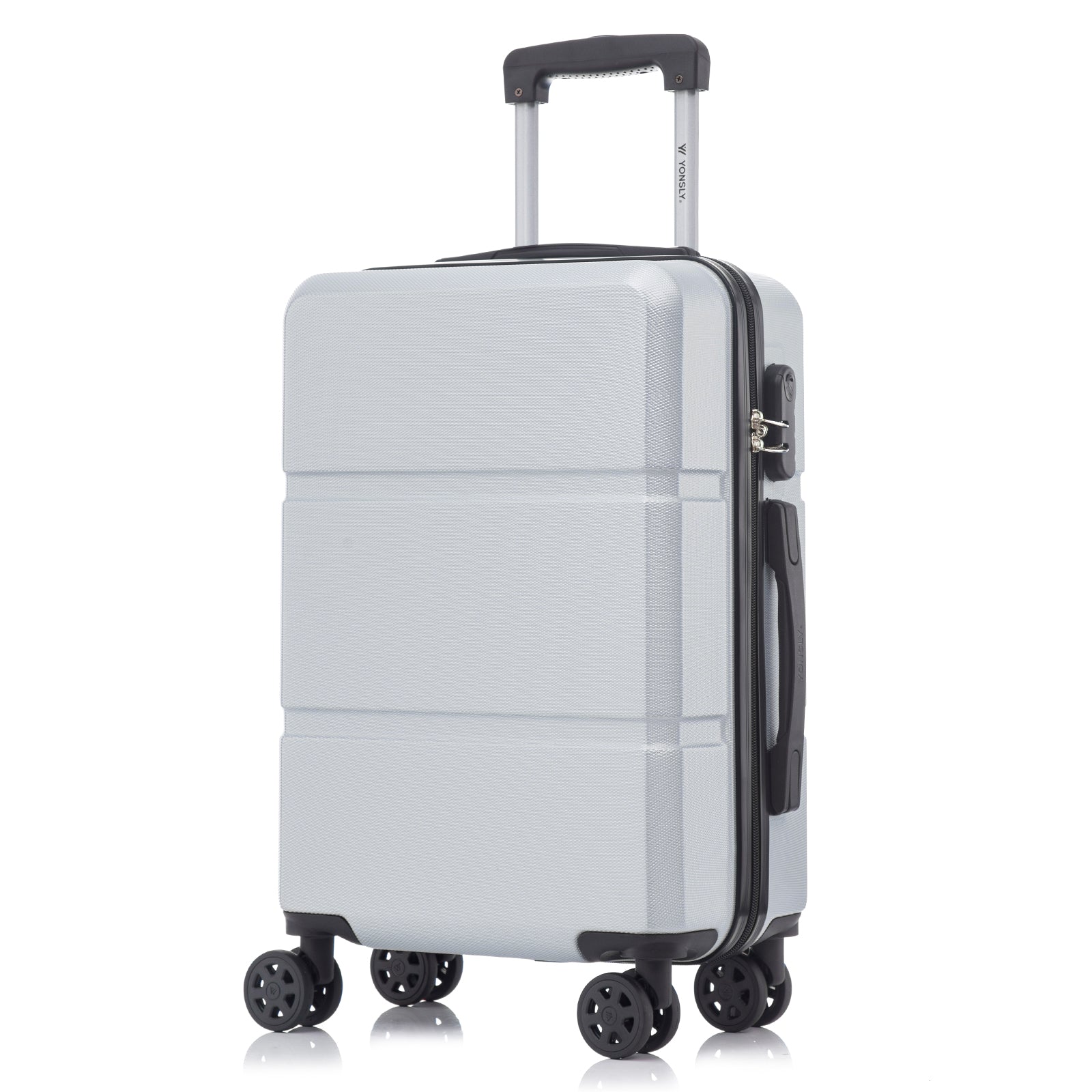Hellgrauer Hartschalen-Trolley mit Zahlenschloss, Seitenfach und 4 Rollen