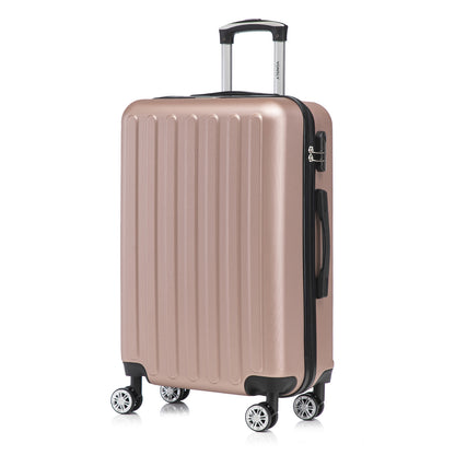 Hartschalen-Kabinenkoffer in Roségold mit 4 Rollen und ausziehbarem Griff, Seitenansicht mit Schloss