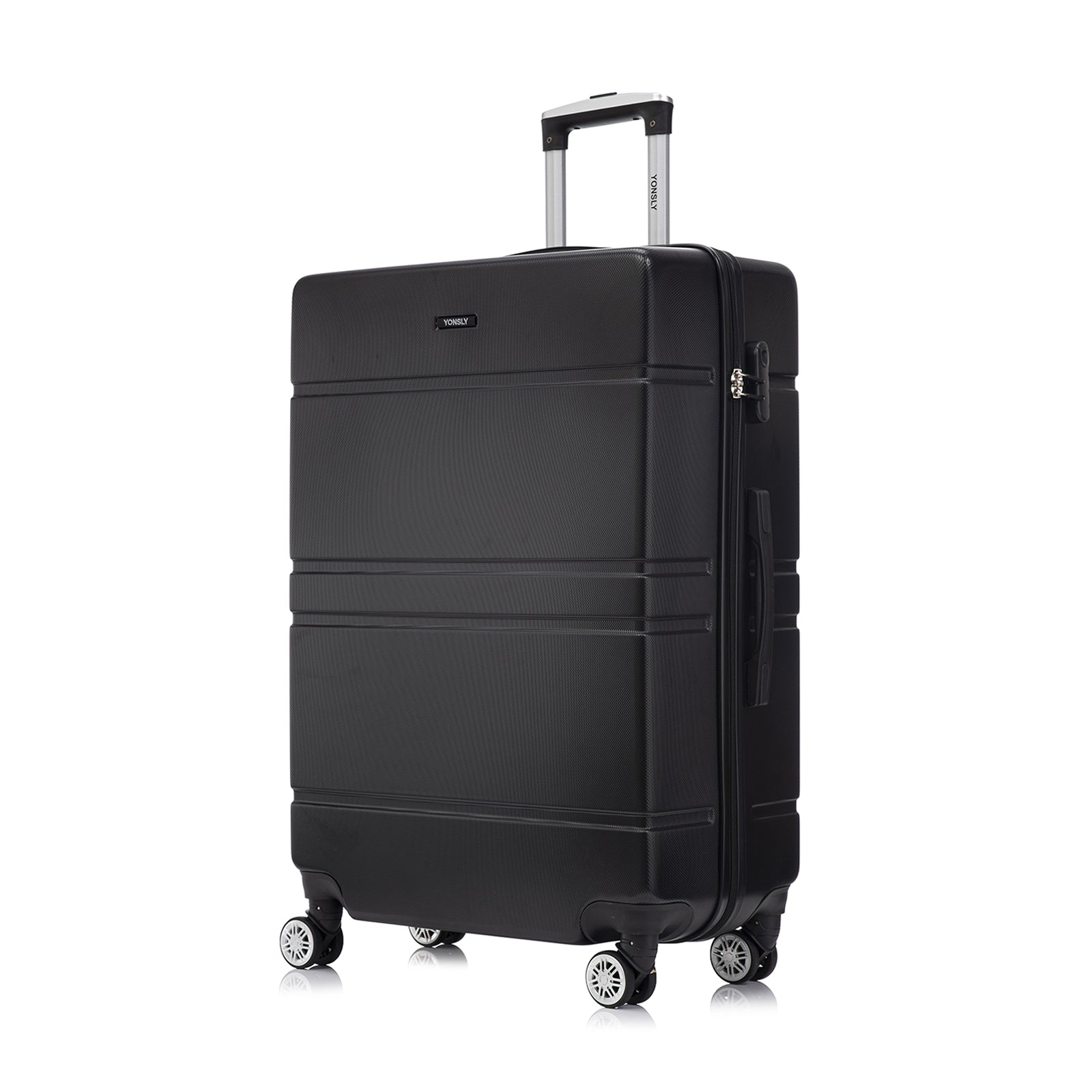 Hartschalen-Reisekoffer in Schwarz mit ausziehbarem Trolley, 4 Rollen und seitlichen Details