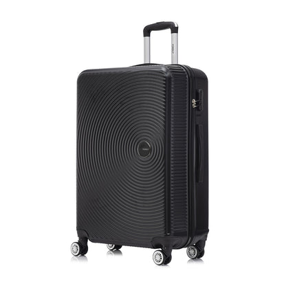 Schwarzer Hartschalen-Trolley mit Griff, Seitenansicht und 4 Rollen