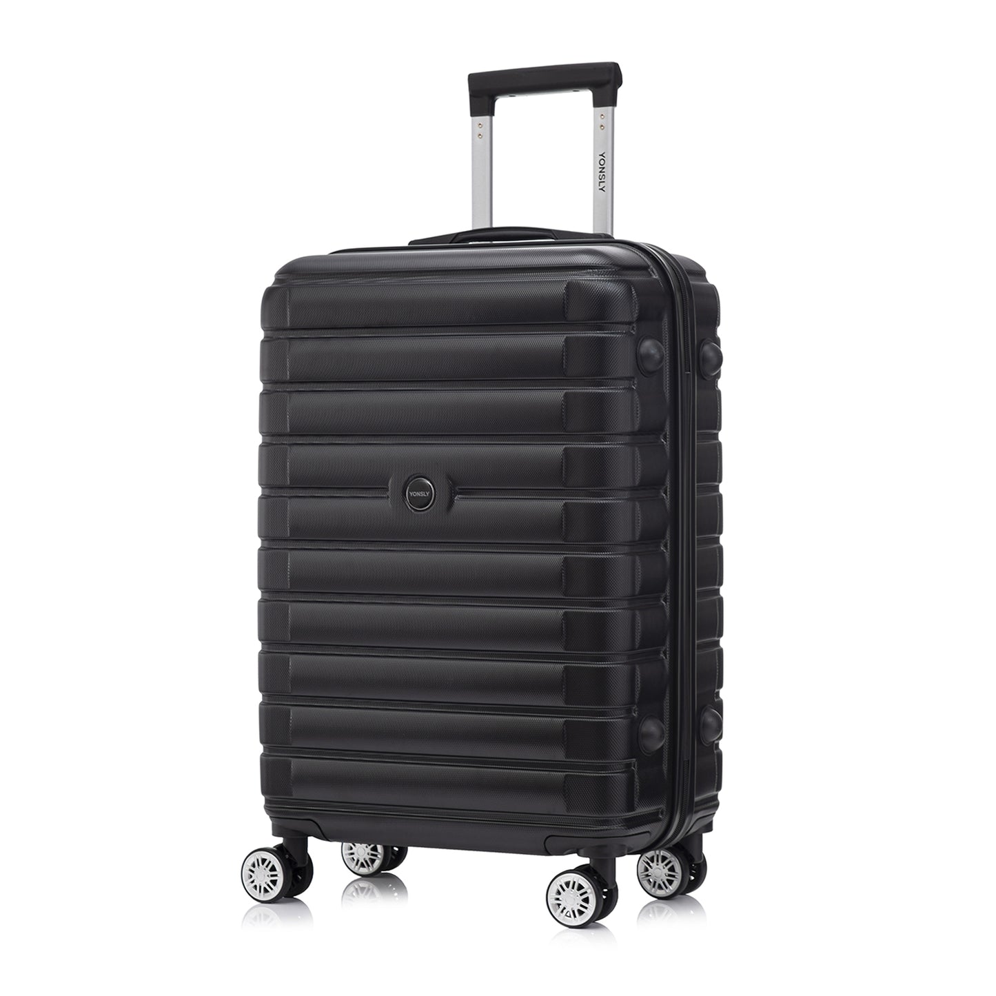 Hartschalen-Reisekoffer Trolley in Schwarz mit 4 Rollen und zentralem Logo