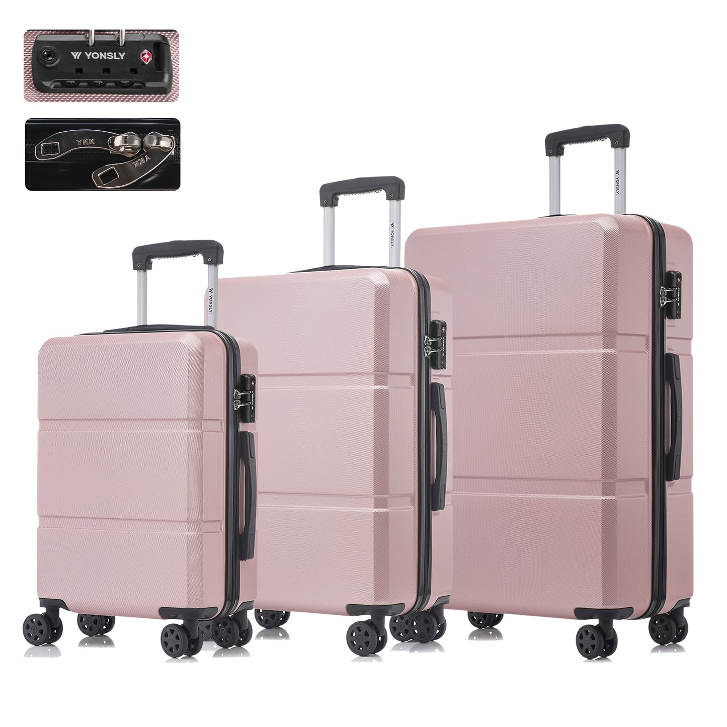 Hartschalen-Reisekoffer-Set in Rosé, vier Rollen und ausziehbarem Trolleygriff