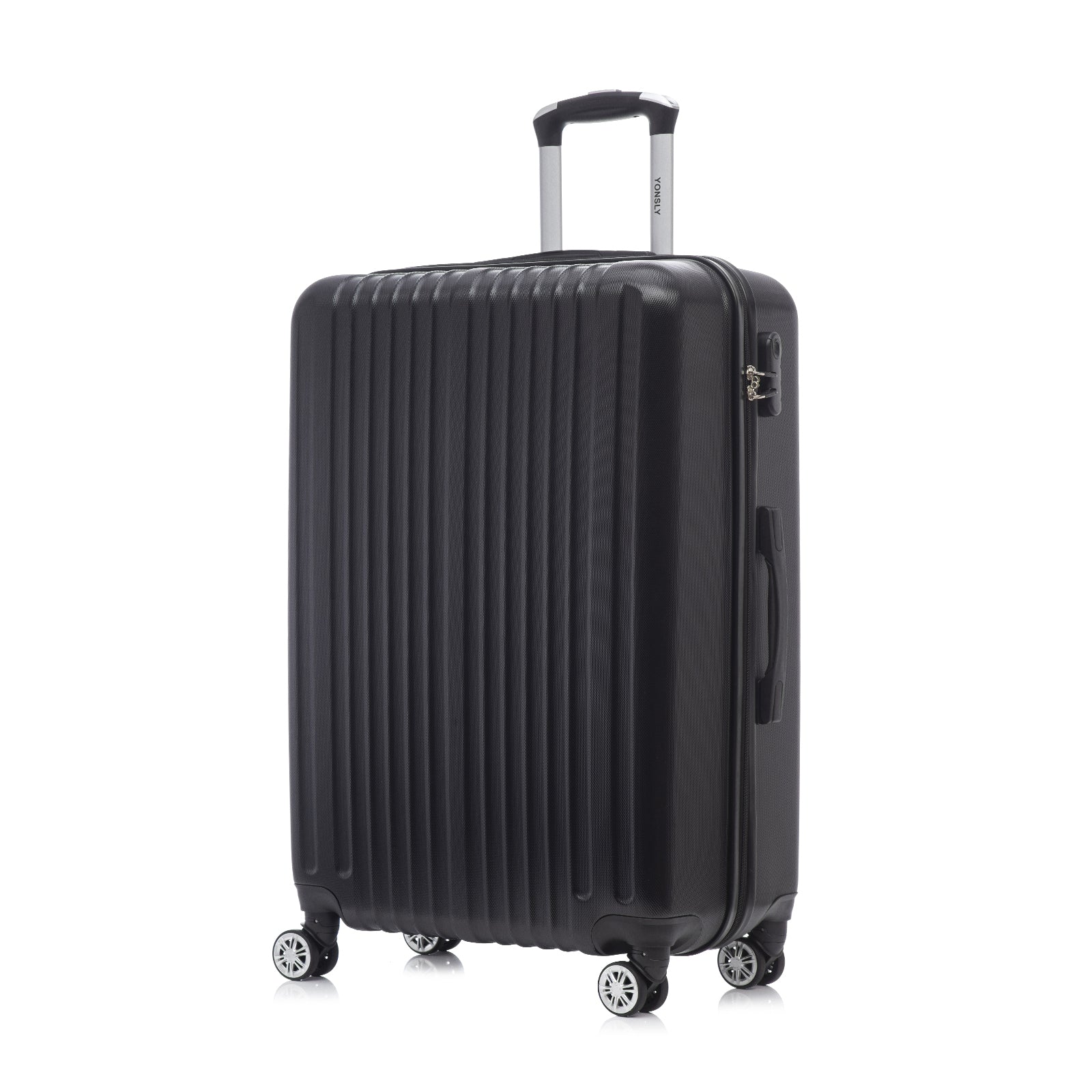 Hartschalen-Reisekoffer (schwarz) von der Seite, 4 Rollen und seitlicher Verschlussriegel