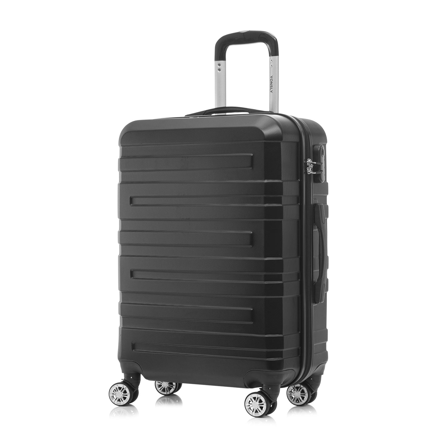 Schwarzer Hartschalen-Reisekoffer mit 4 Rollen und Teleskopgriff von hinten