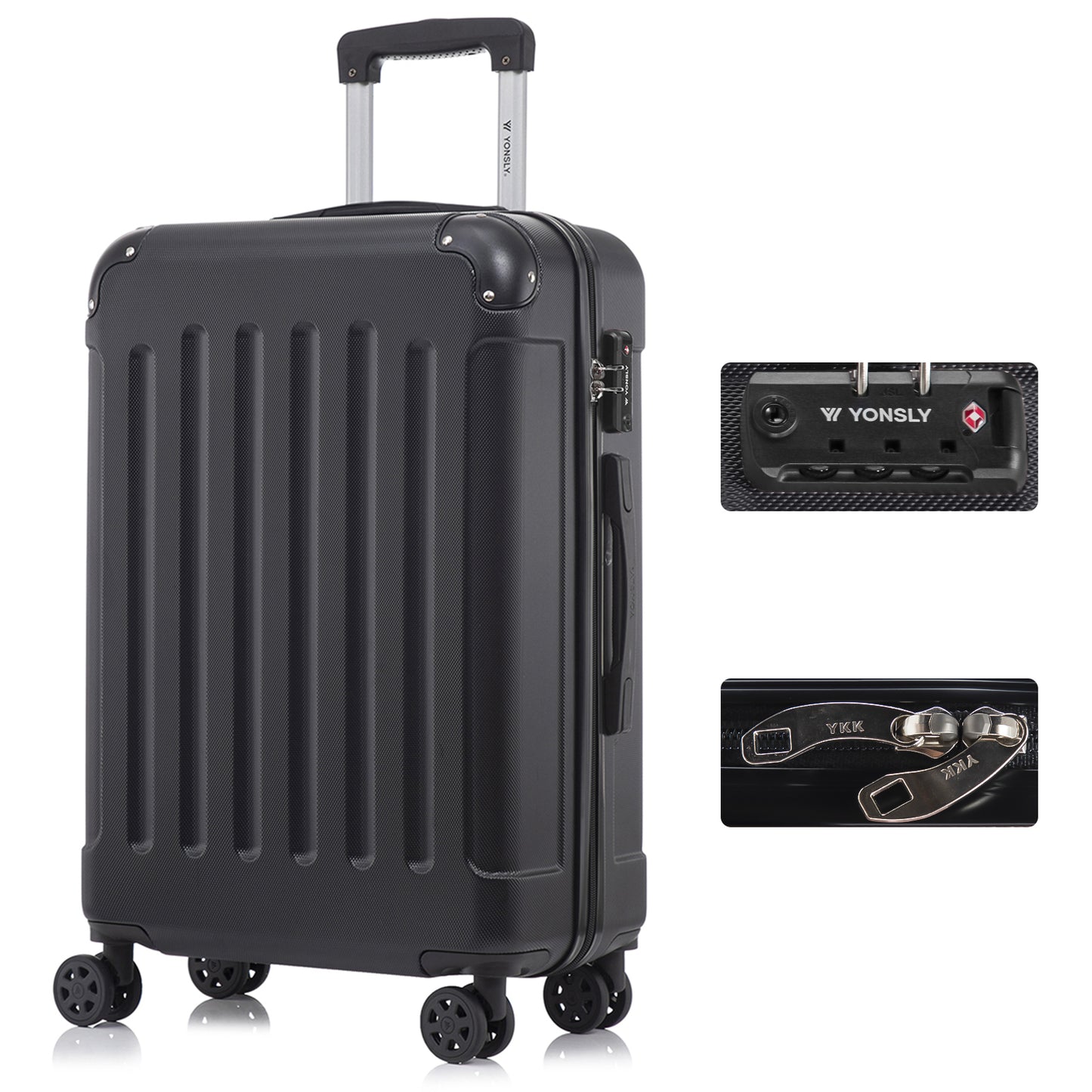 Hartschalen-Reisekoffer in Dunkelgrau/Schwarz mit TSA-Schloss, 4 Doppelrollen und Trolleygriff.