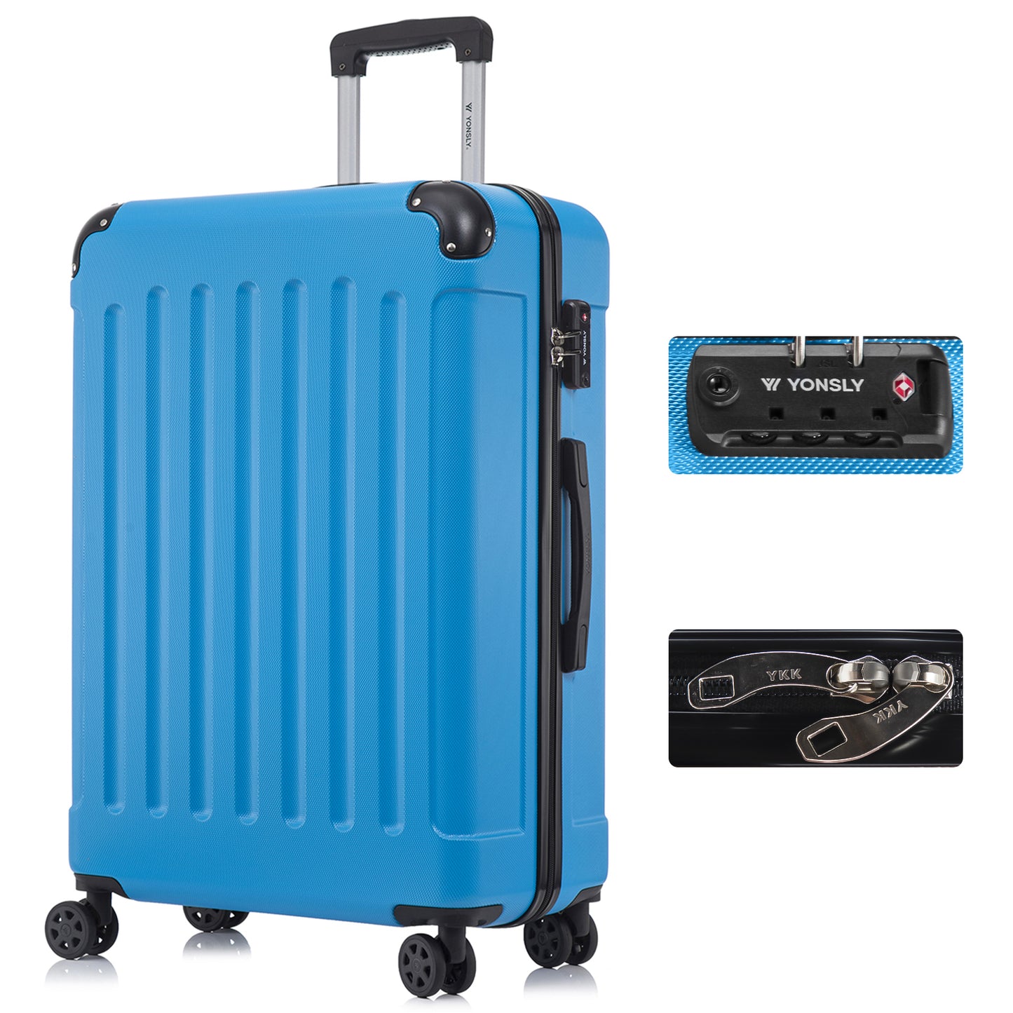 YONSLY® Hartschalen-Kabinentrolley, saphirblau, TSA-Schloss, 4 Rollen, YKK-Reißverschluss