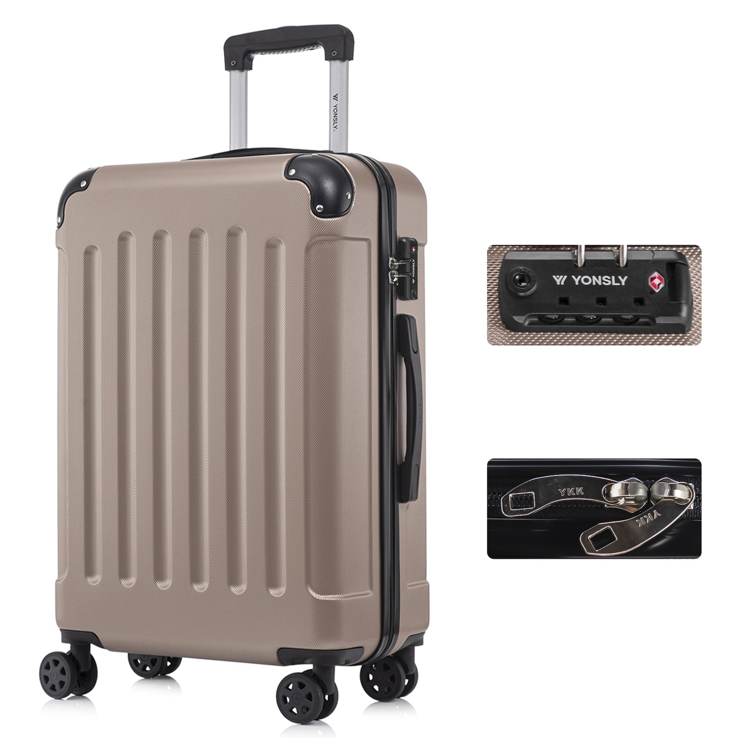 Hartschalen-Reisekoffer in Hellbeige mit Trolleygriff, 4 Rollen und TSA-Schloss