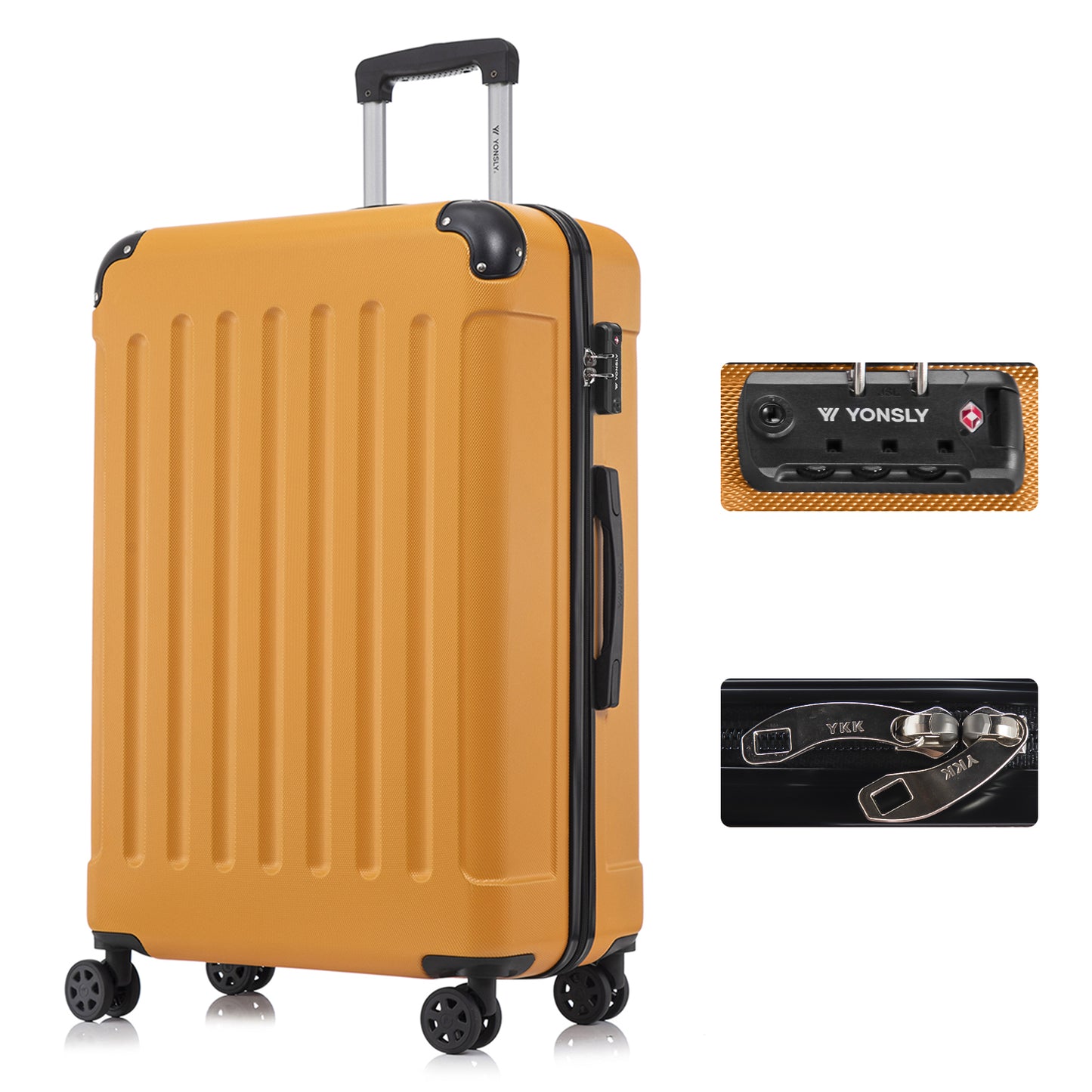 Hartschalen-Reisekoffer in Orange mit TSA-Schloss, 4 Doppelrollen und ausziehbarem Trolleygriff.