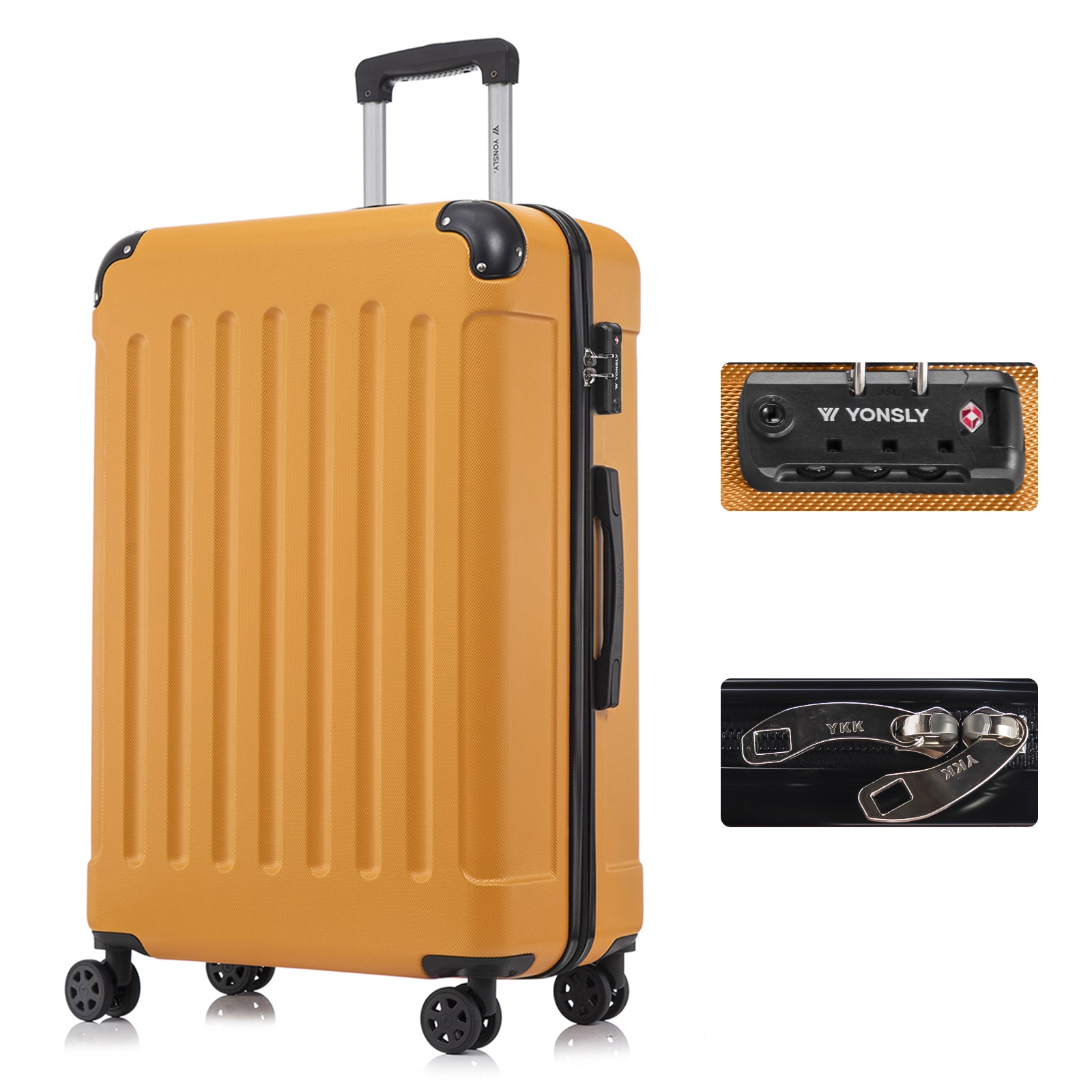 Hartschalen-Reisekoffer in Orange mit TSA-Schloss, 4 Doppelrollen und ausziehbarem Trolleygriff.