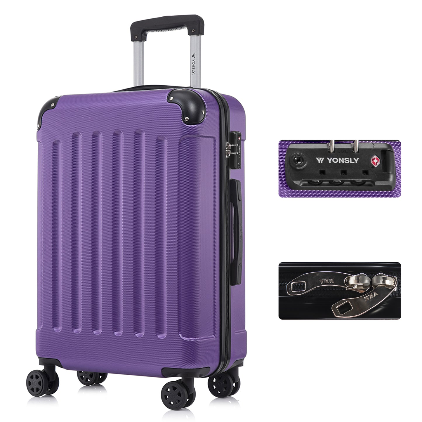 YONSLY® Hartschalen-Kabinentrolley, lila, TSA-Schloss, 4 Rollen, YKK-Reißverschluss