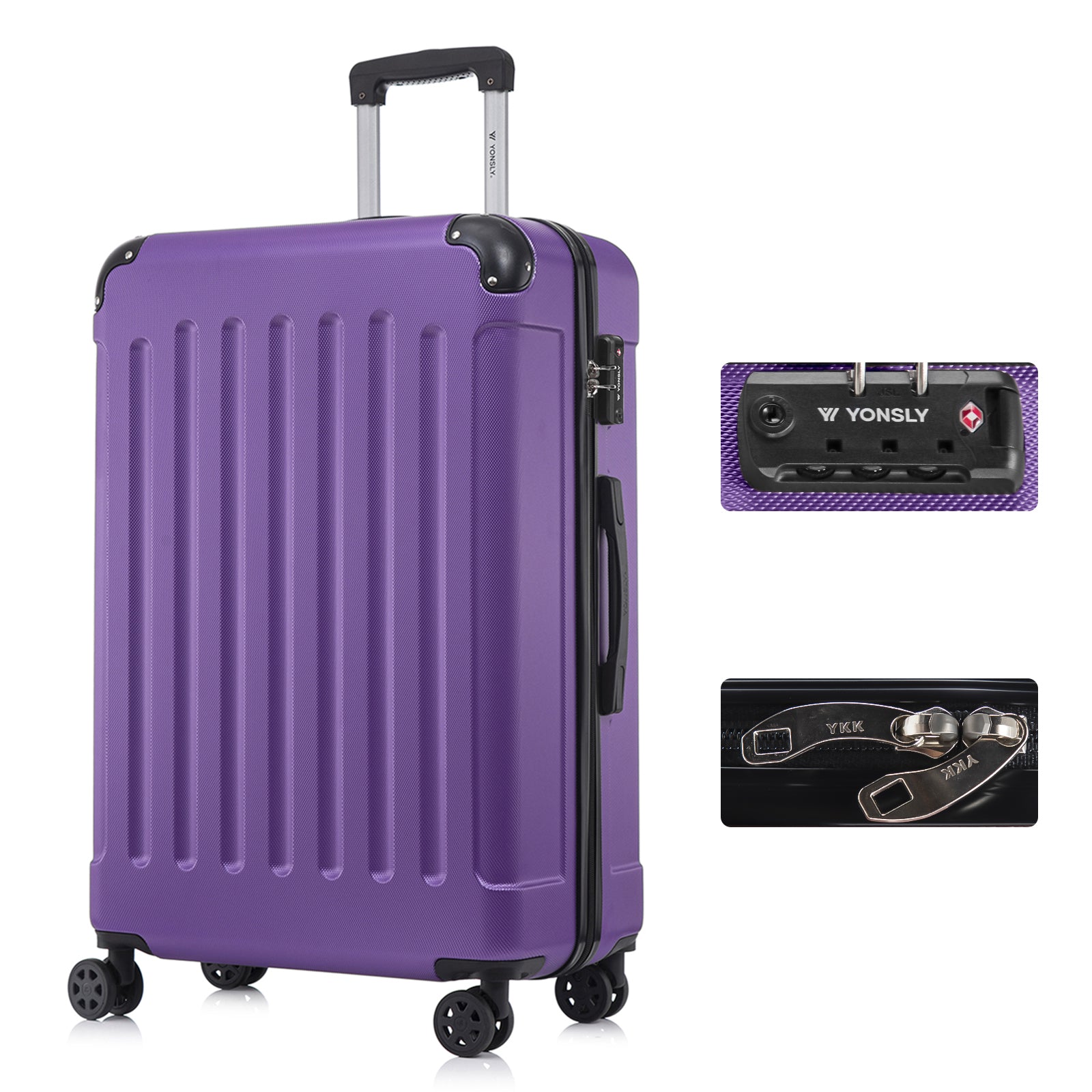 YONSLY® Hartschalen-Kabinentrolley, lila, TSA-Schloss, 4 Rollen, YKK-Reißverschluss