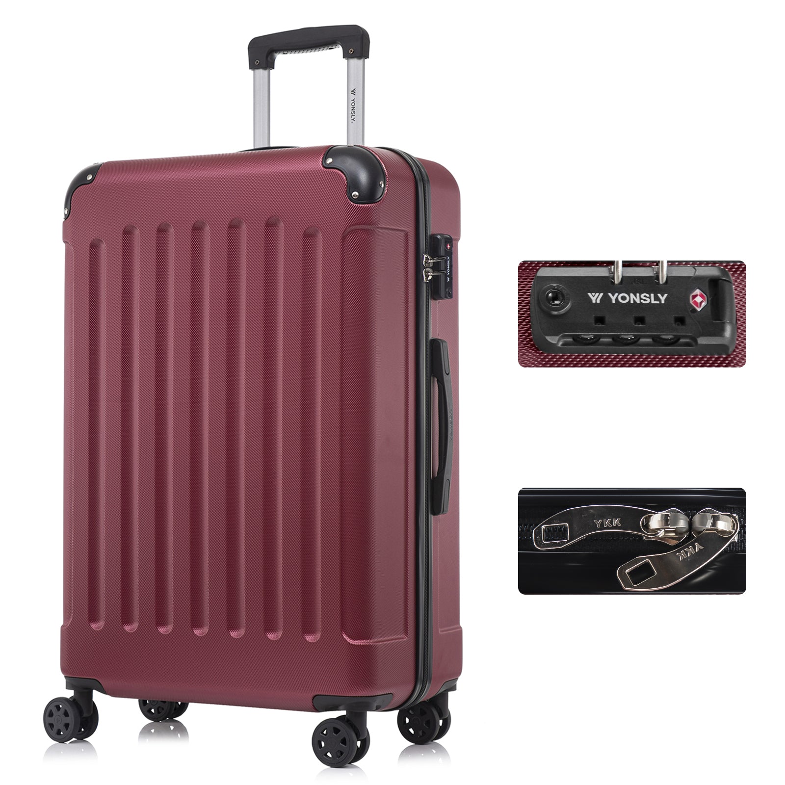 YONSLY® Hartschalen-Kabinentrolley, weinrot, TSA-Schloss, 4 Rollen, YKK-Reißverschluss