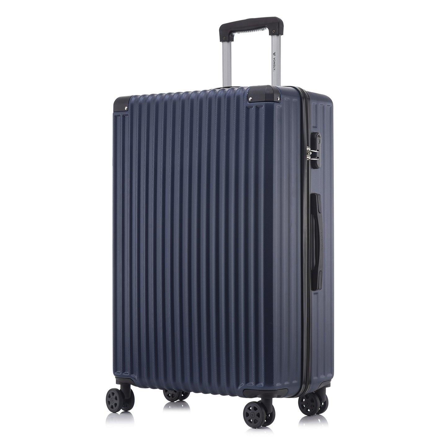 Hartschalen-Trolley dunkelblau, Front- und Seitenansicht, 4 Rollen, Teleskopgriff