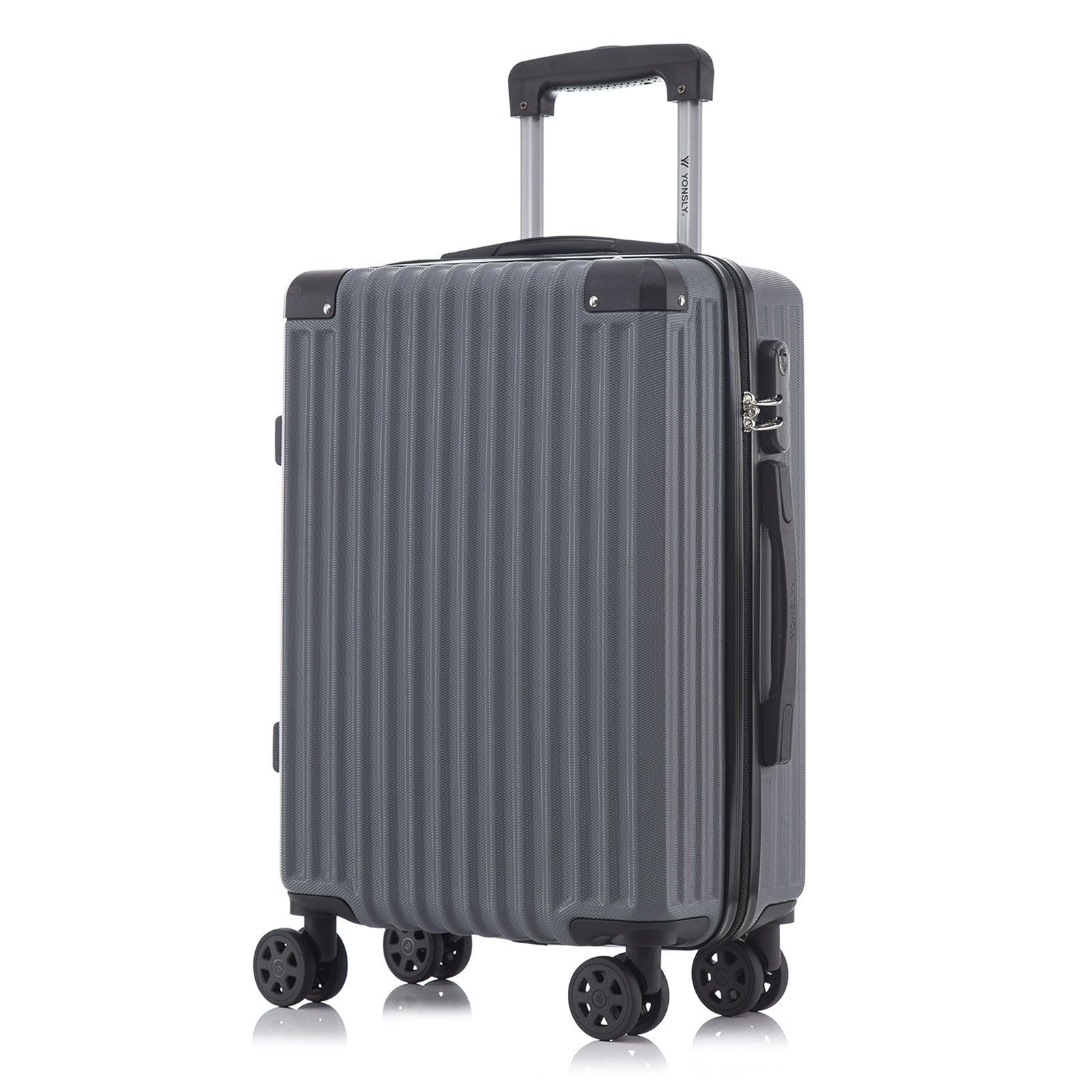 Hartschalen-Trolley mit geriffelter Oberfläche, Teleskopgriff und vier Rollen, grau