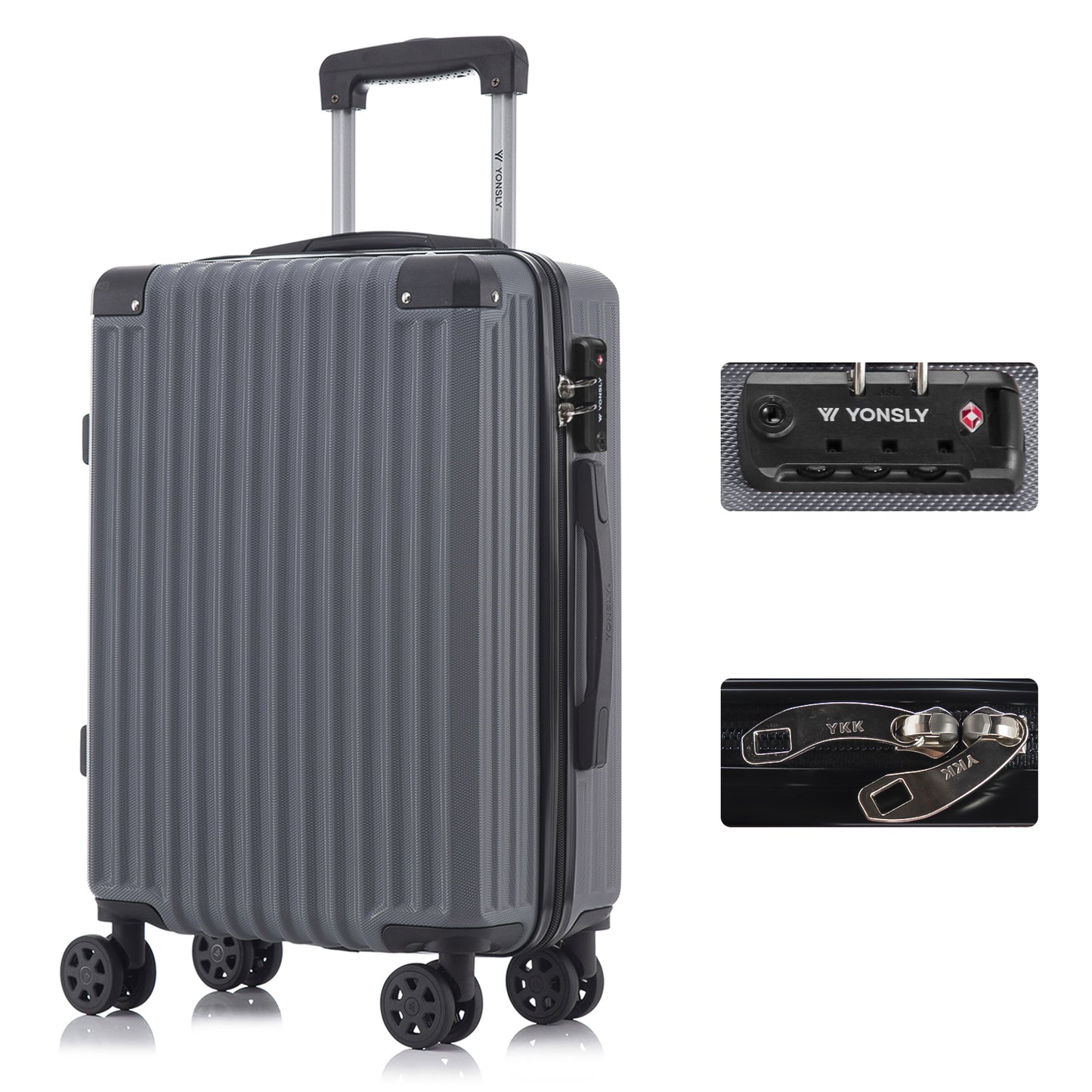 YONSLY® Hartschalen-Reisekoffer, grau, mit ausziehbarem Griff und 4 Rollen