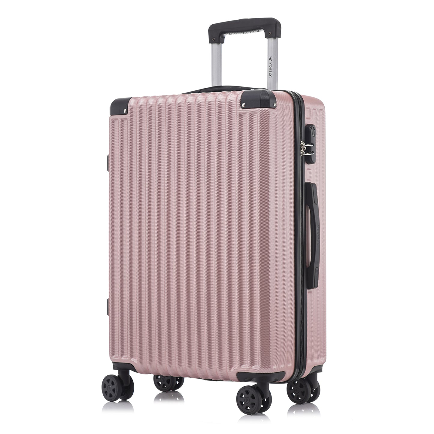 Hartschalen-Trolley roséfarben von der Seite, 4 Rollen, Teleskopgriff, Griffschutz