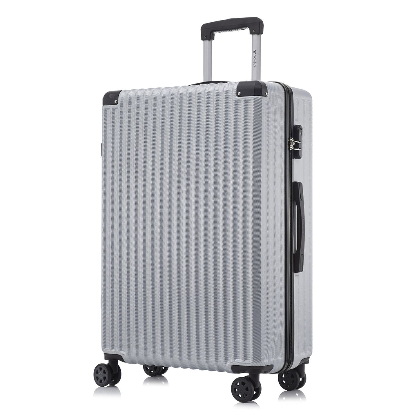 Heller grauer Hartschalen-Trolleykoffer mit 4 Rollen, ausziehbarem Griff, Seitenansicht