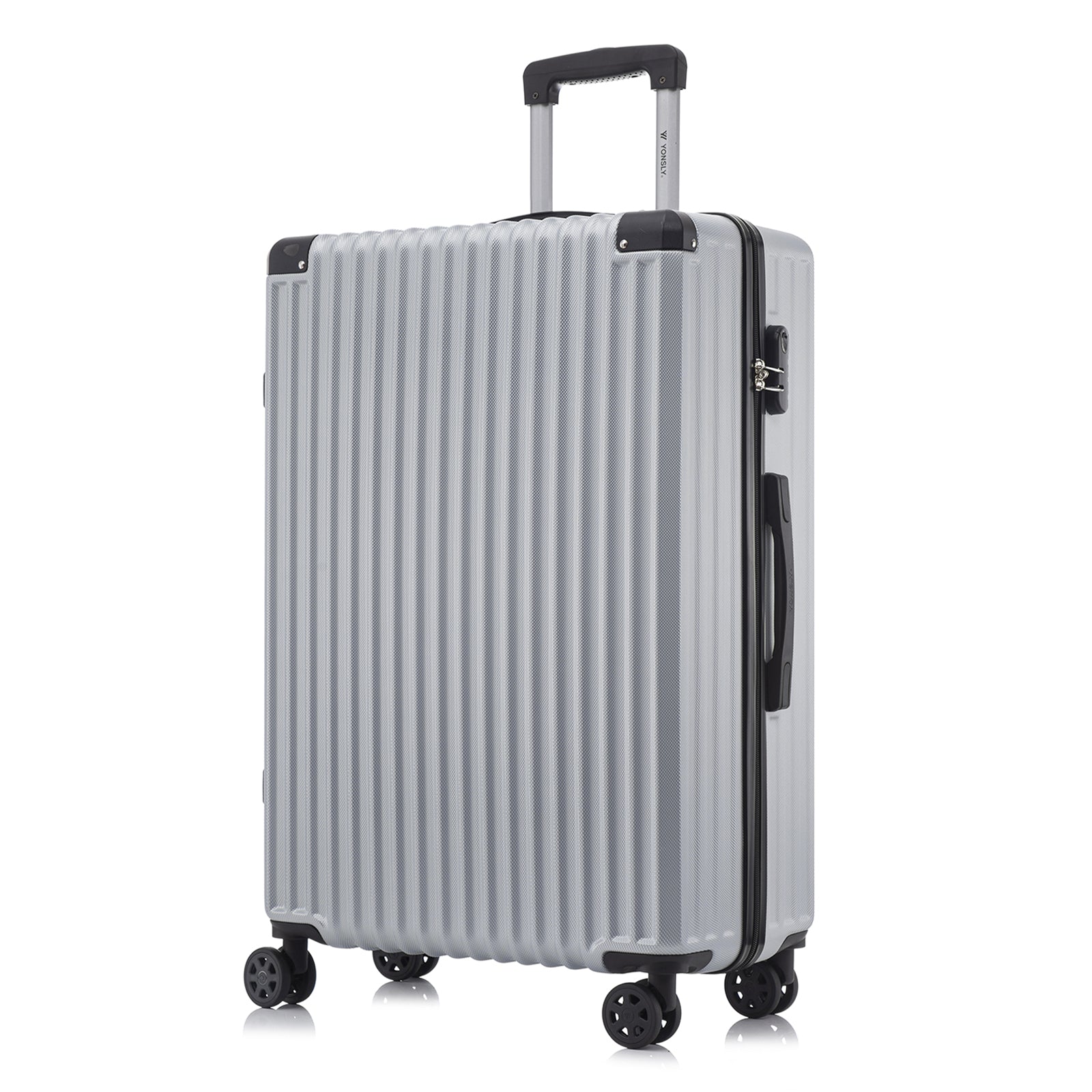 Heller grauer Hartschalen-Trolleykoffer mit 4 Rollen, ausziehbarem Griff, Seitenansicht