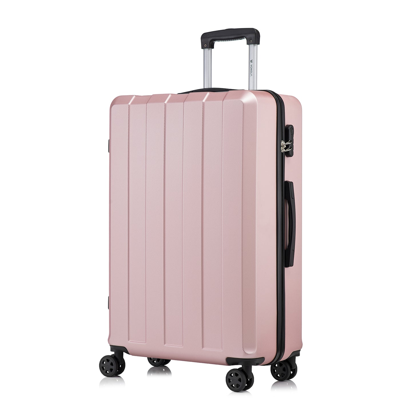 Hartschalen-Reisekoffer mit 4 Rollen, roséfarben, Teleskopgriff und Seitenansicht mit Verschluss