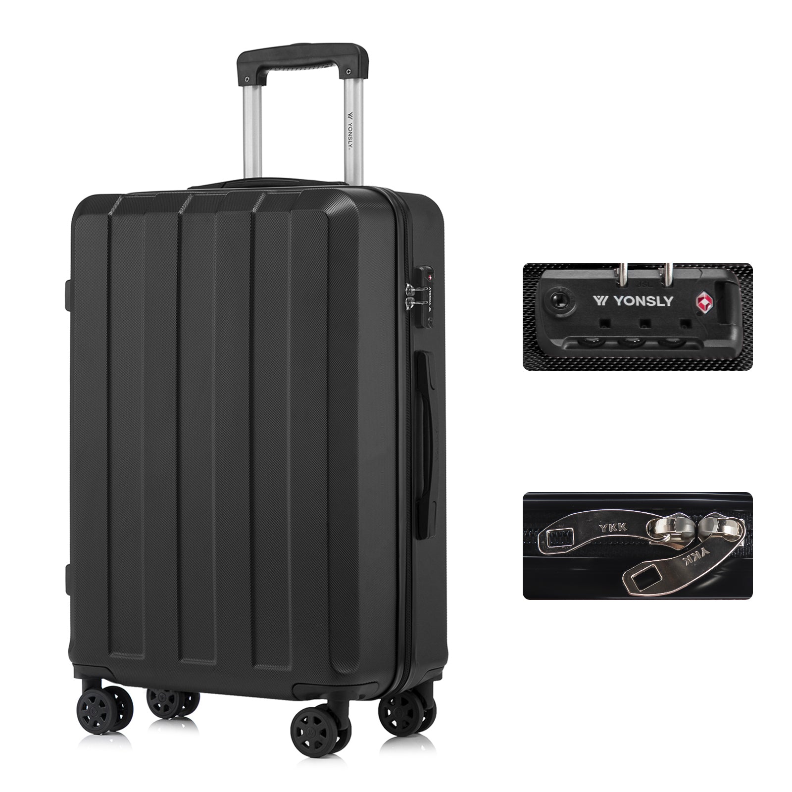 Hartschalen-Reisekoffer in Schwarz mit Trolleygriff, TSA-Schloss und 4 Rollen