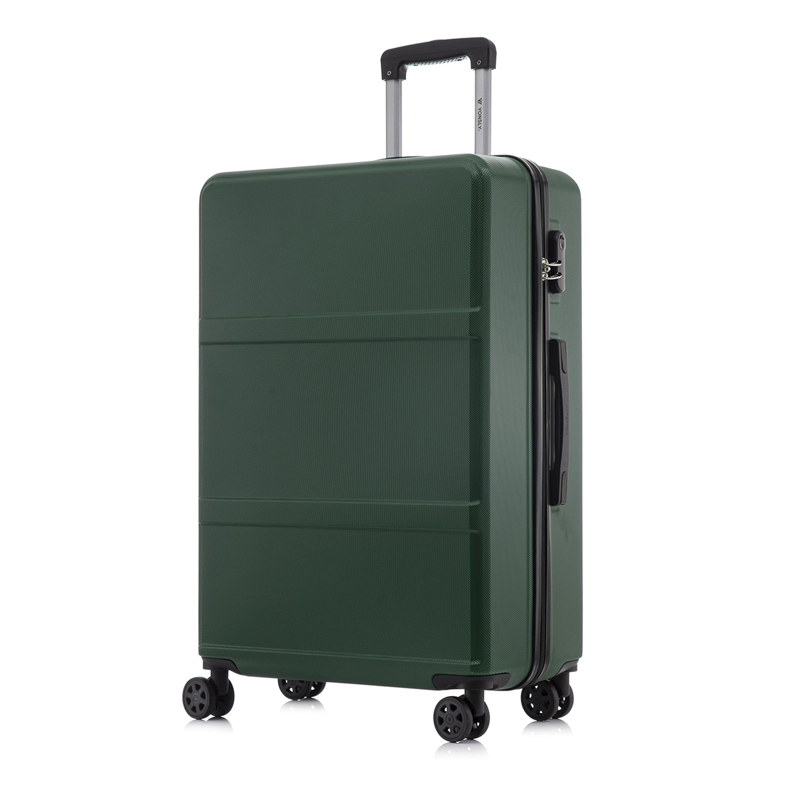 YONSLY® Hartschalen-Rollkoffer Dunkelgrün, Seitenansicht mit Zahlenschloss und 4 Rollen