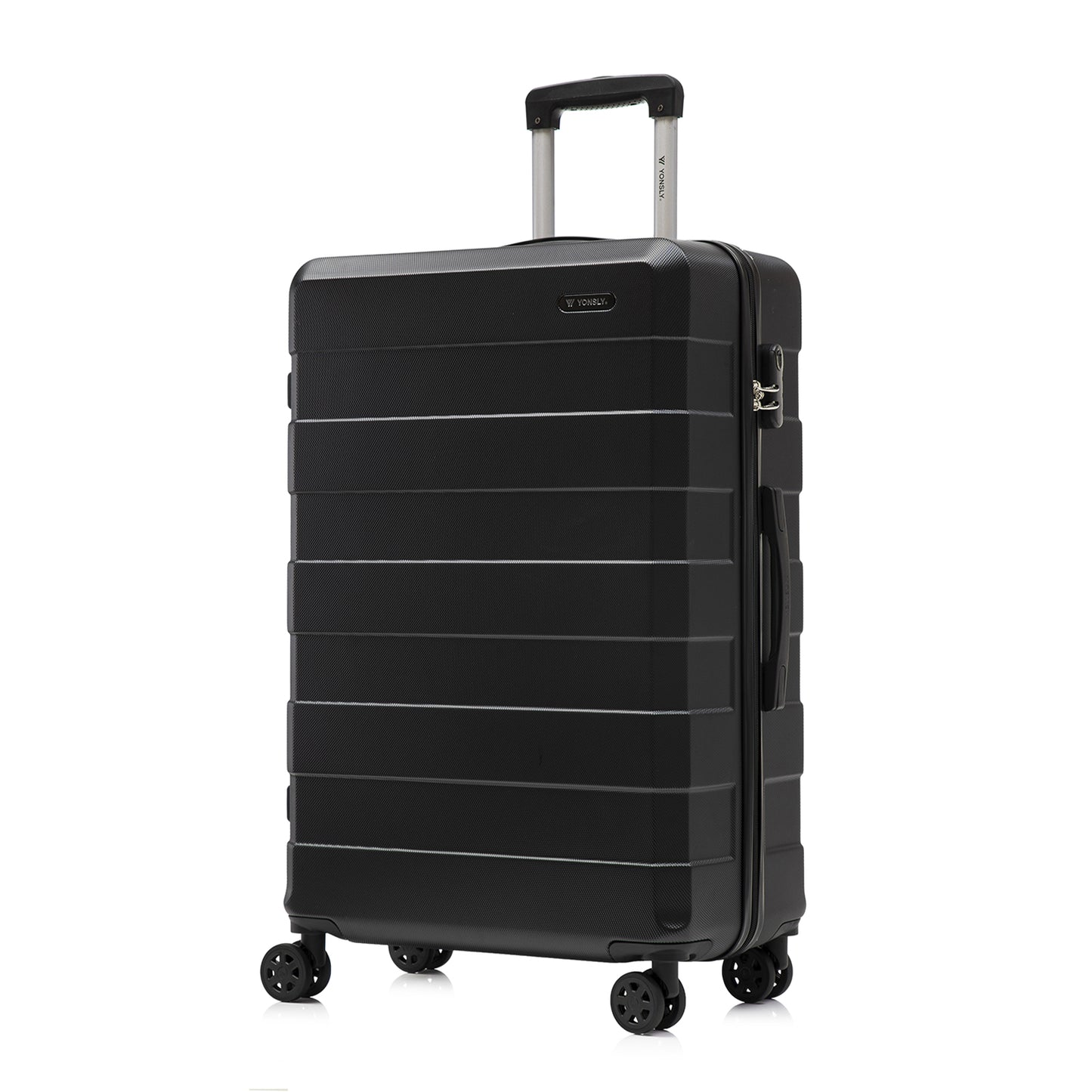 Trolley-Reisekoffer mit Hartschale, schwarz, seitliche Ansicht, 4 Rollen