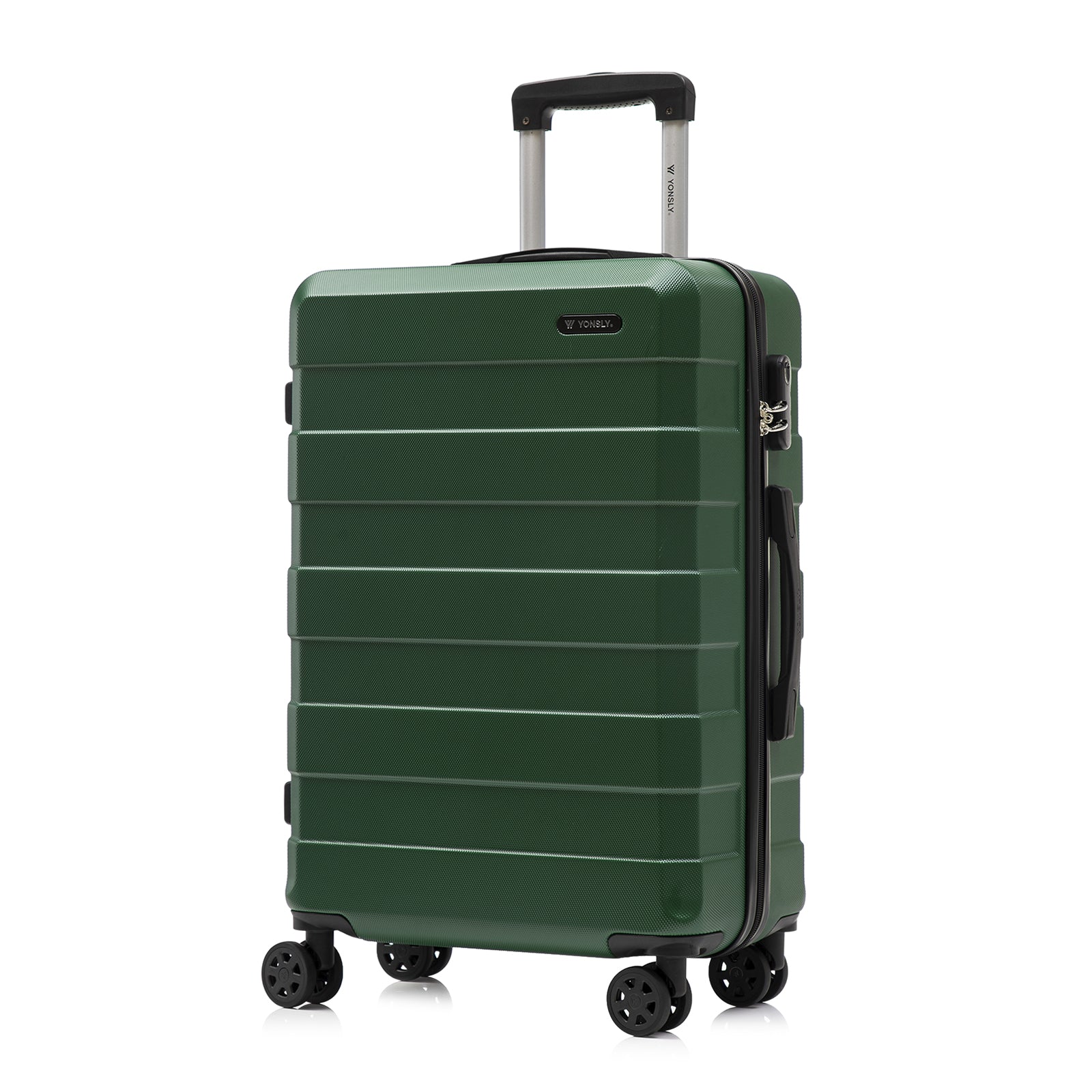 Trolley-Reisekoffer mit Hartschale, dunkelgrün, Oberseite mit Tragegriff und Griffstange