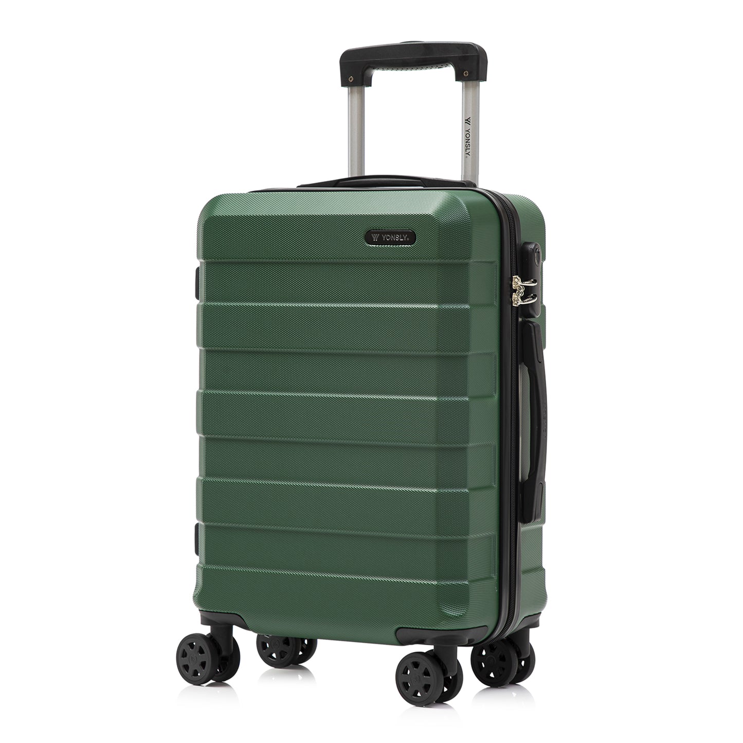 Trolley-Reisekoffer mit Hartschale, dunkelgrün, Vorderansicht mit Seitenverschluss
