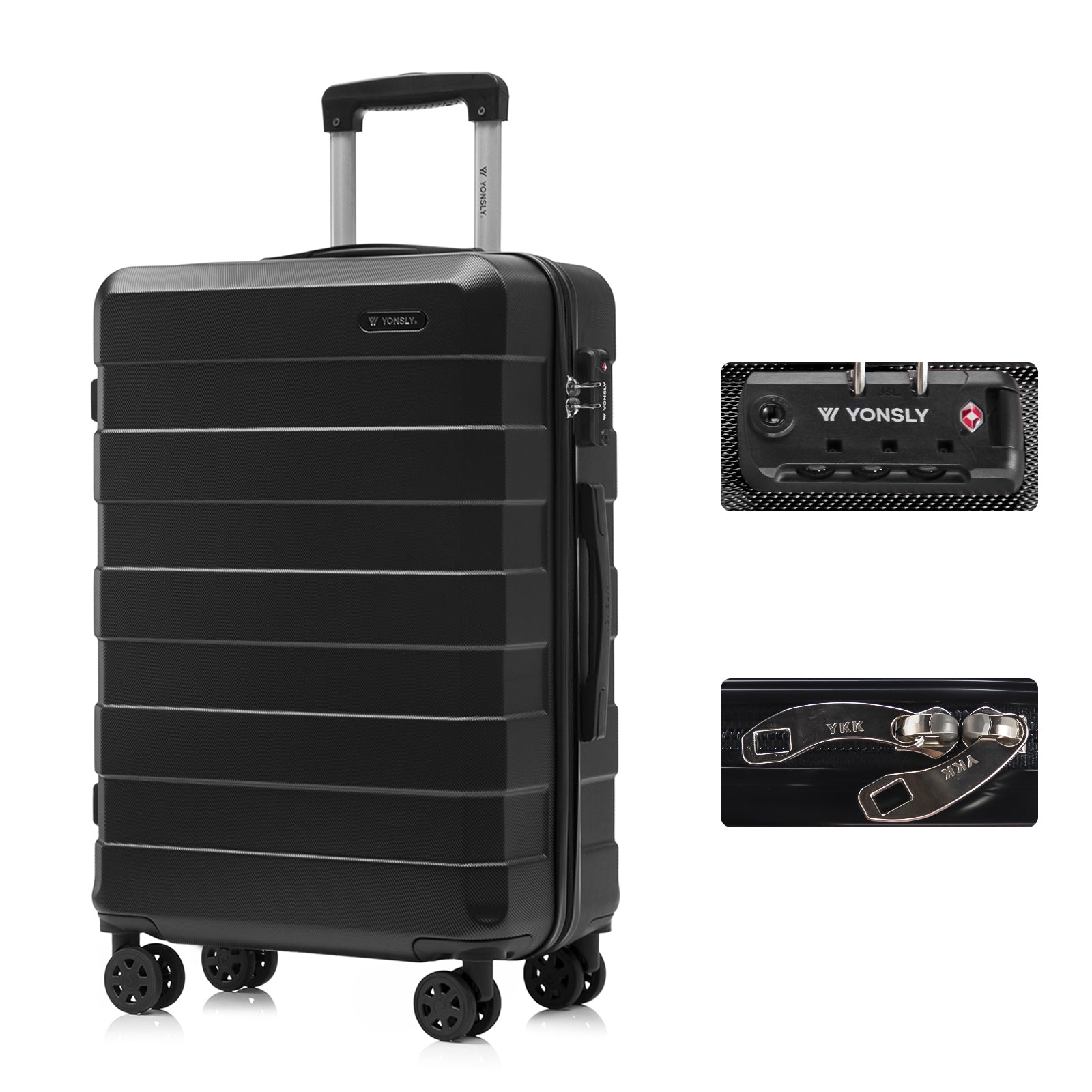 Hartschalen-Reisekoffer in Schwarz mit Trolley und 4 Rollen, seitlicher Verschluss