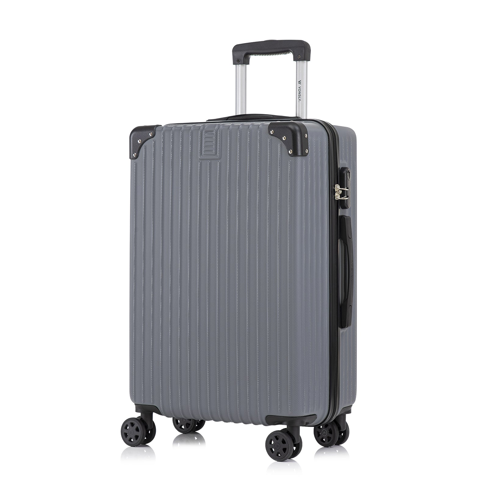 Hartschalen-Trolley mit 4 Rollen, Zahlenschloss und Gummigriff, grauer Koffer