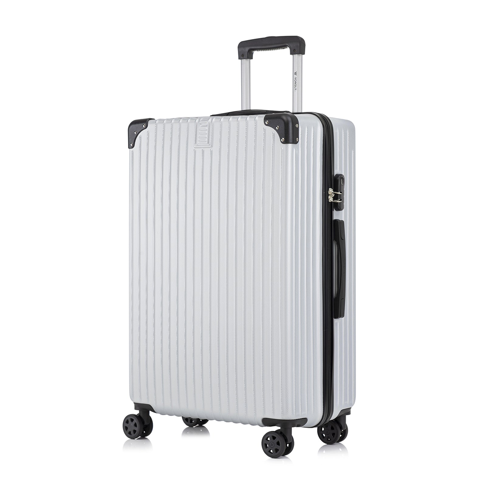 Silberner Rollkoffer aus Hartschale mit Ausziehgriff, 4 Rollen und Seitenfach