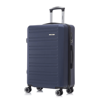 Hartschalen-Rollkoffer in Dunkelblau mit ausziehbarem Griff, seitlicher Griffmulde, 4 Rollen