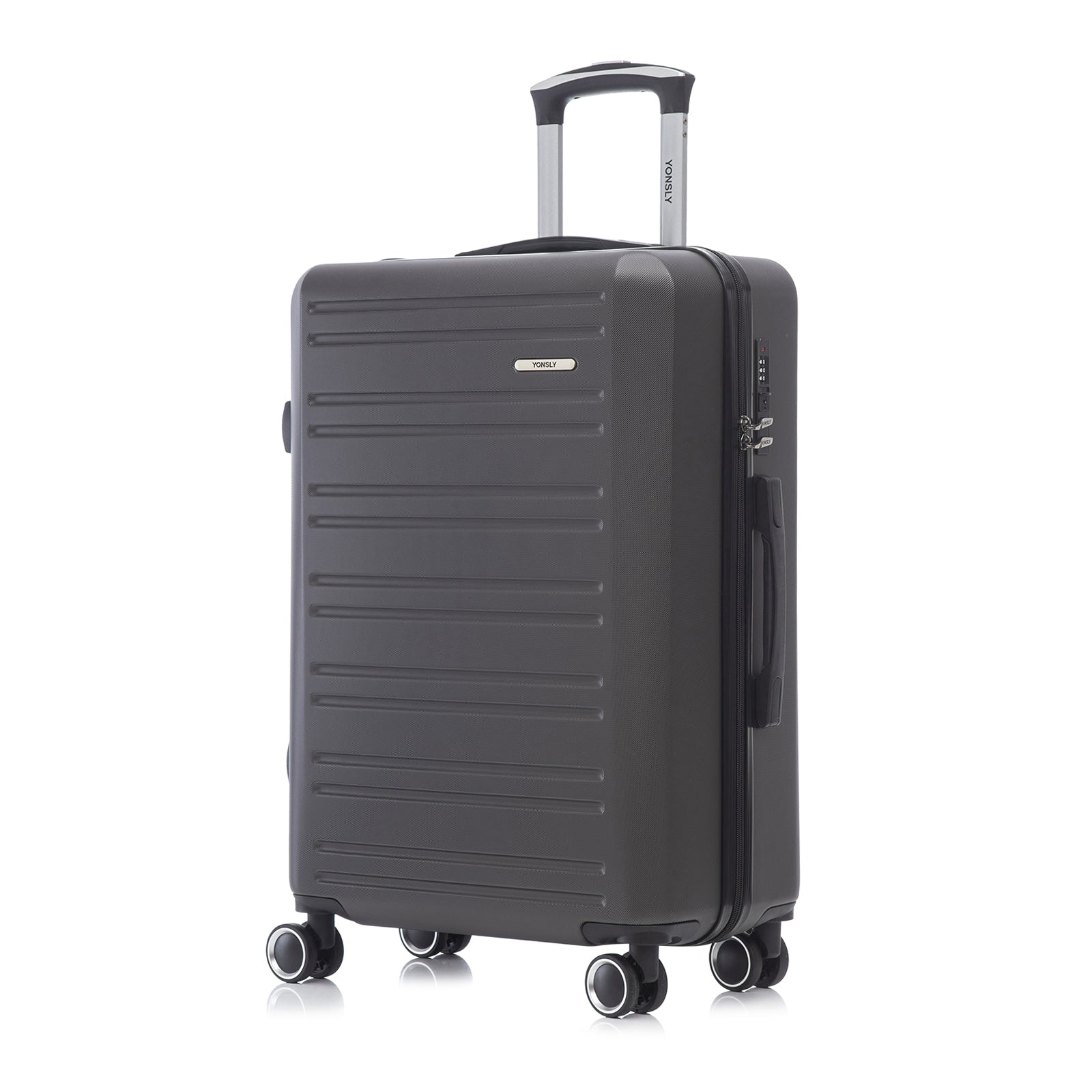 Hartschalen-Rollkoffer in Schwarz mit ausziehbarem Griff und 4 Rollen, geriffelte Front