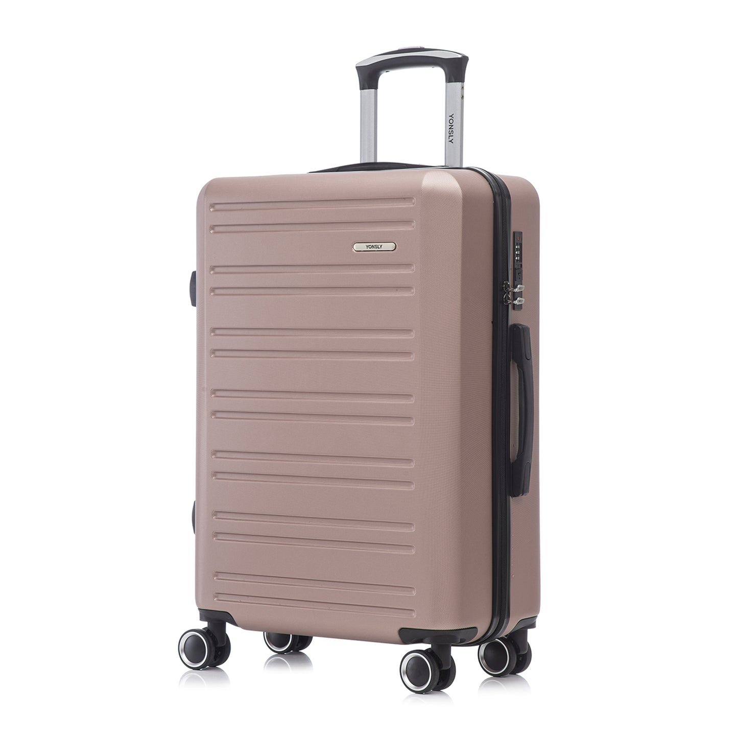 Hartschalen-Rollkoffer in Roségold mit ausziehbarem Griff, Zahlenschloss seitlich, 4 Rollen