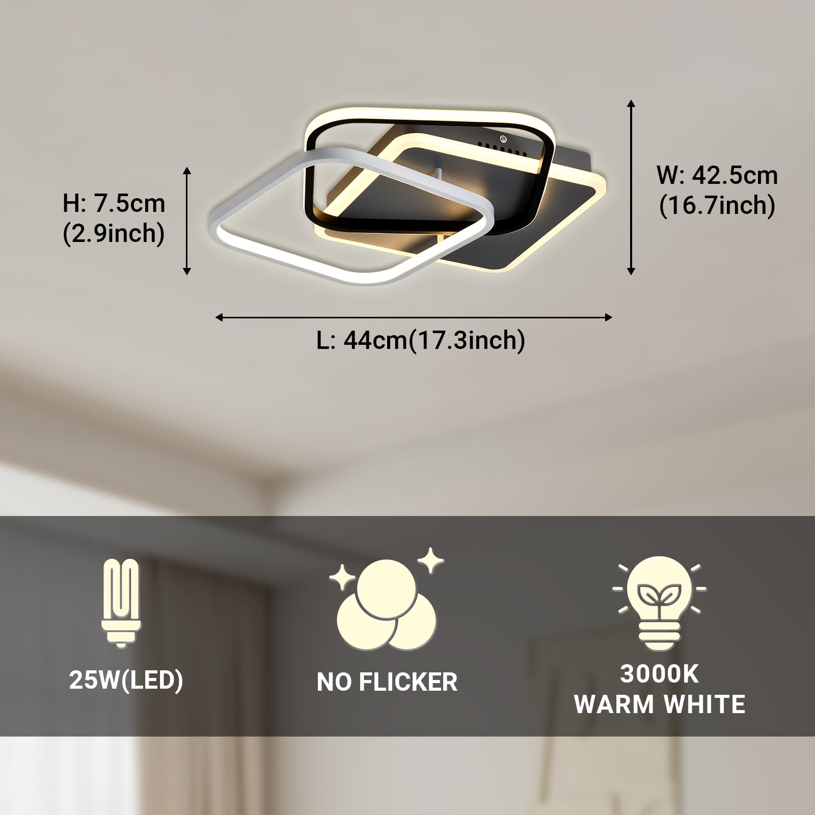LED-Deckenlampe an der Decke, rechteckiger Aluminiumrahmen in schwarz-weiß