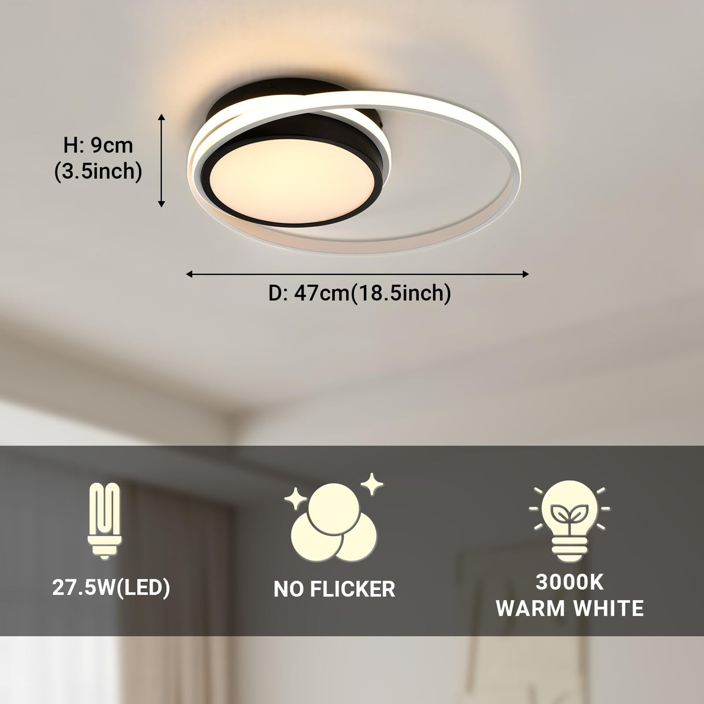 Runde Deckenleuchte mit Maßangaben und warmweißer LED-Lichtscheibe