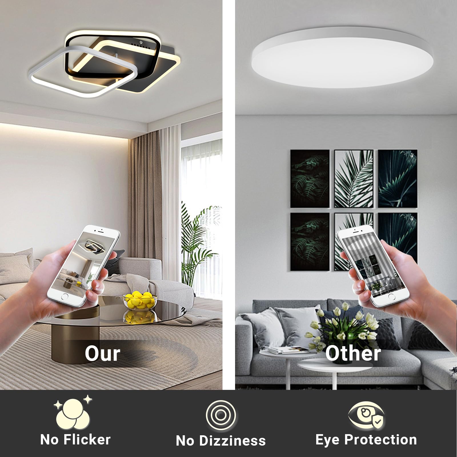 LED-Deckenleuchte mit Smartphone in der Hand zur Steuerung, schwarz-weißes Design