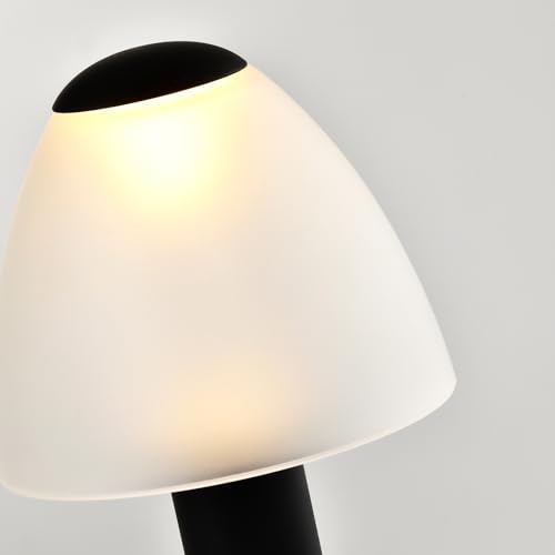 LED-Tischlampe: weißer Lampenschirm mit schwarzer Oberseite, Nahansicht auf Sockel