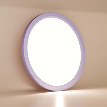 Runde LED-Deckenleuchte mit lila Rahmen und hellem, gleichmäßigem Licht