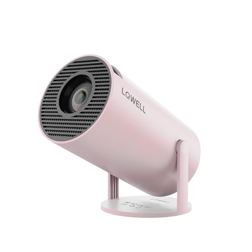 LQWELL Mini-Projektor in Rosa mit Frontlinse und Lüftungsgitter, auf Standfuß