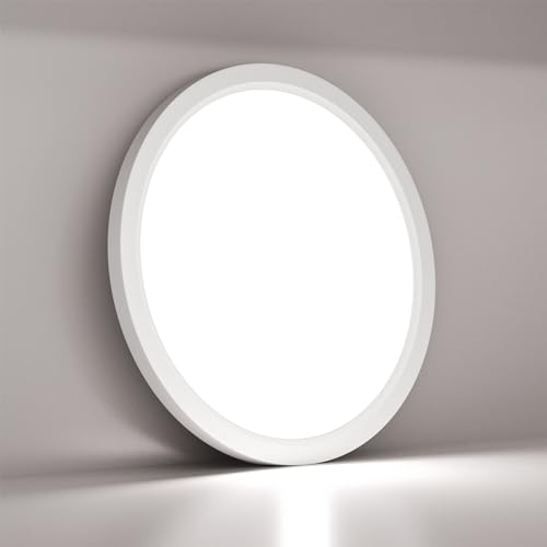 Runde flache LED-Deckenleuchte mit weißem Außenring und heller Leuchtfläche