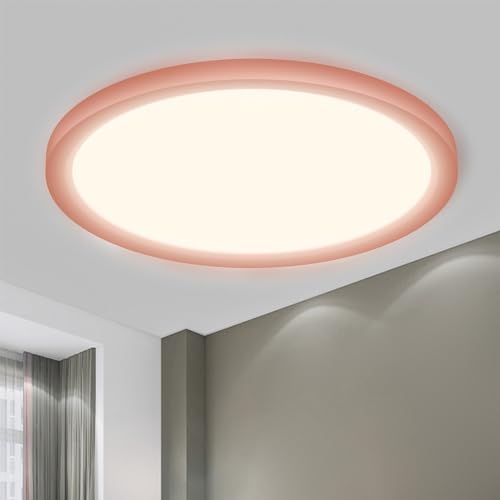 Runde LED-Deckenleuchte mit rosa Rahmen, warmweiß leuchtend