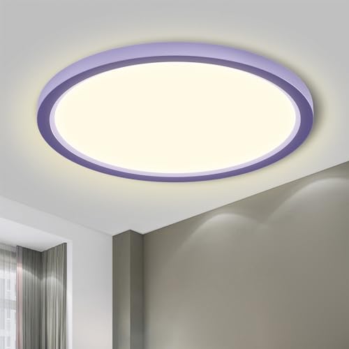 LQWELL® LED-Deckenleuchte, flach rund mit lila Rahmen und warmweißem Licht